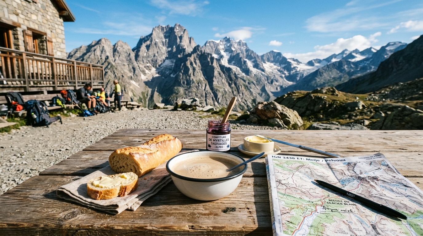 Petit-déjeuner rustique devant un refuge alpin dans les Alpes françaises