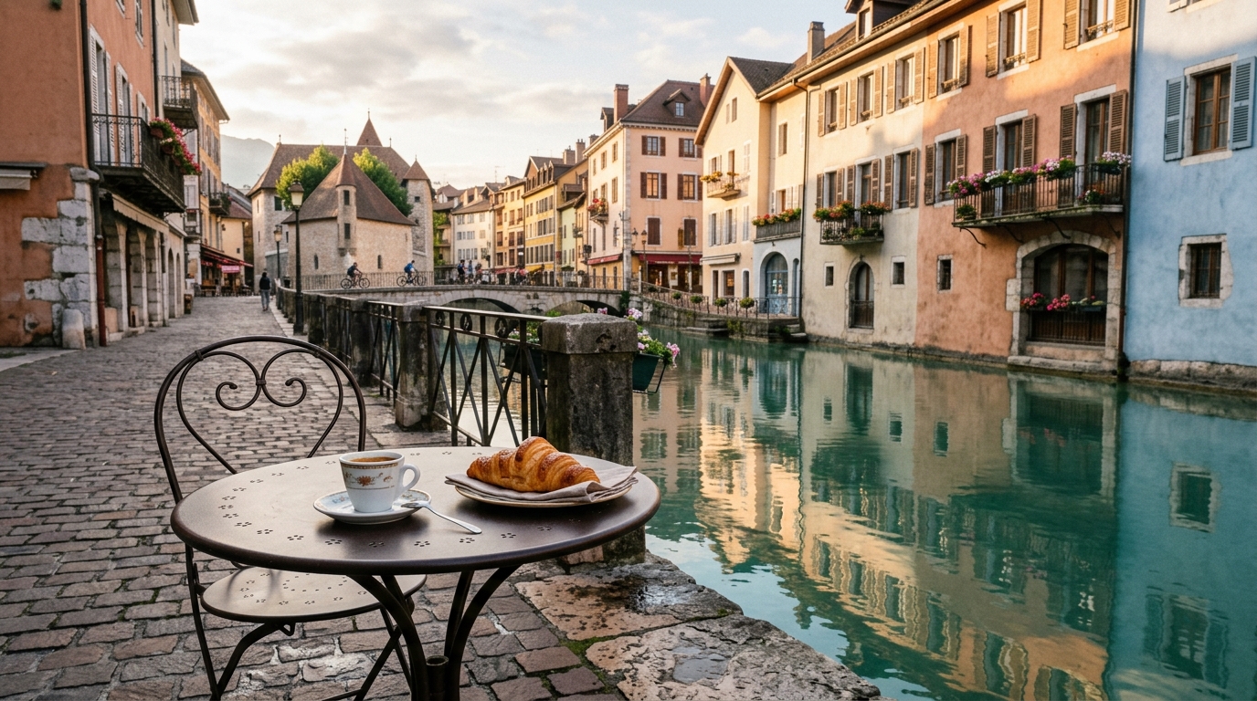 Café matinal le long des canaux d'Annecy