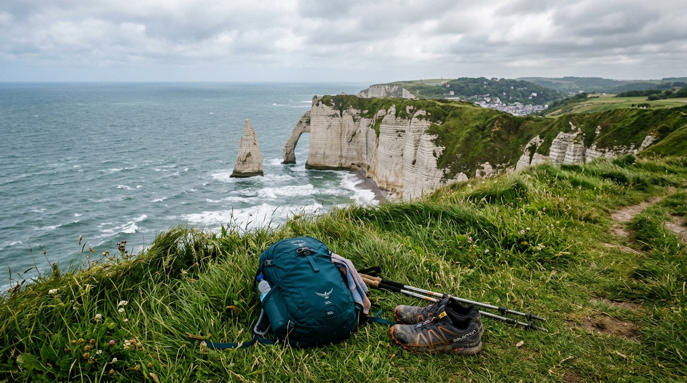 Sac de randonnée sur l'herbe des falaises d'Étretat