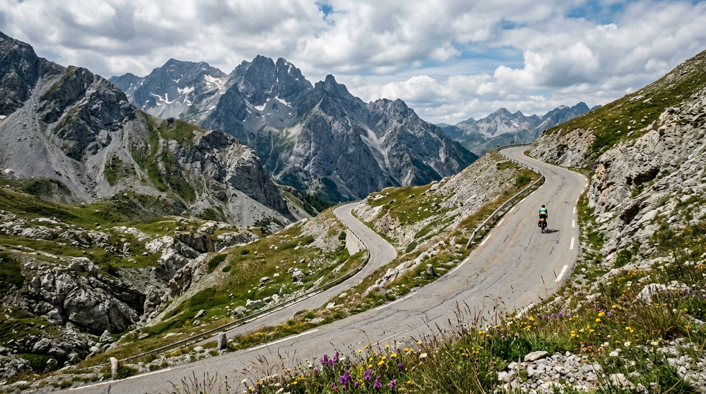 La route sinueuse du Col du Galibier dans les Alpes