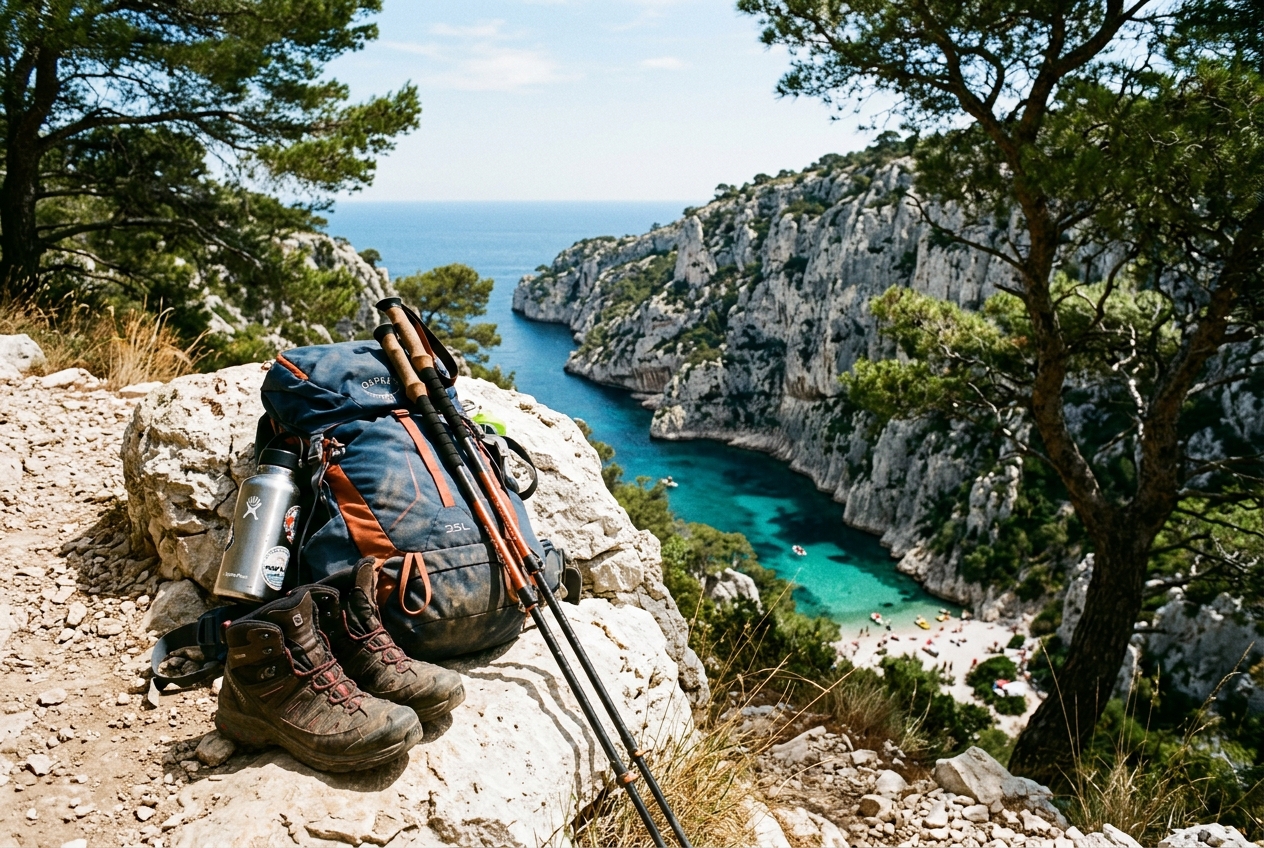 Sentier pierreux et pause randonnée face à la calanque d'En-Vau