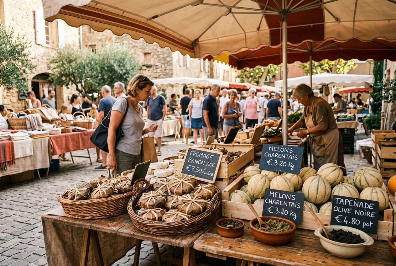 Étal d'un marché provençal avec fromages de Banon et melons de Cavaillon