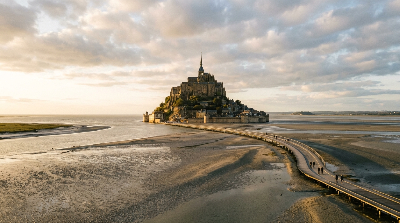 Le Mont-Saint-Michel dans la baie à marée basse