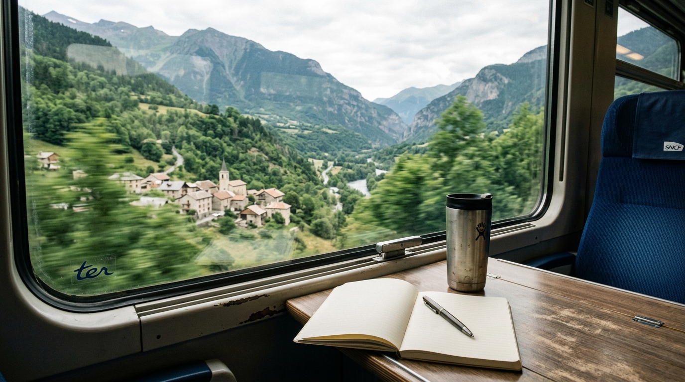 Vue depuis la fenêtre d'un train TER traversant une vallée alpine française
